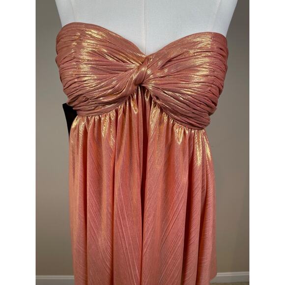 Retrofete Kaiser Strapless Ruched Pleated Metallic Apricot Mini Dress Sz L - Picture 5 of 10
